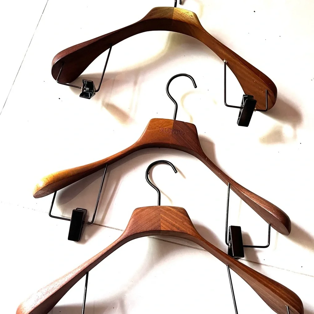 Valentino Brown Wooden Hangers with Metal Clips - Set of Three (3)
